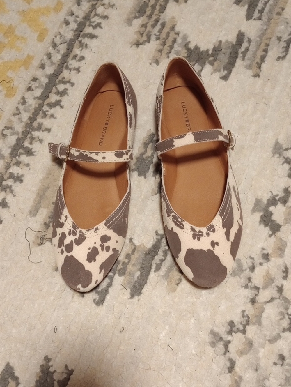Lucky Brand Cream and Brown Cow-Print Mary Jane Flats